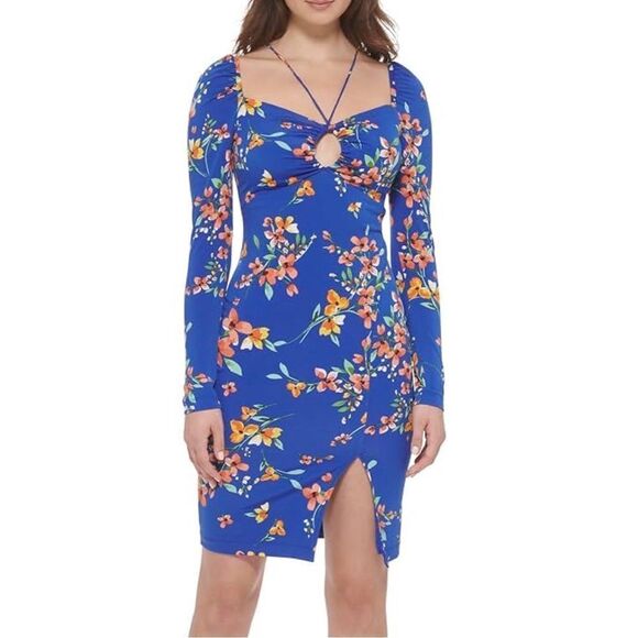 GUESS‎ Blue Floral Cutout Bodycon Dress Long Sleeve Knee Length Slit Size 10 New - Picture 1 of 13